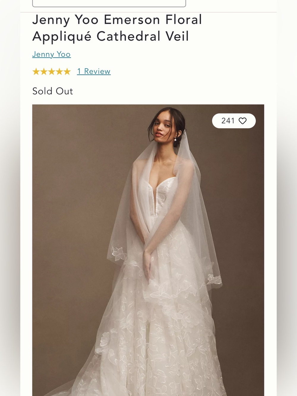 NWT Jenny Yoo Ivory Cathedral Floral Appliqué Veil - READ DESCRIPTION